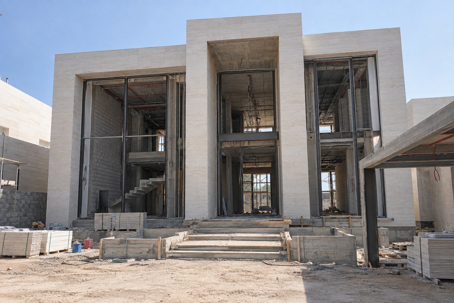 Villa under construction in Abu Dhabi with the stone-clad façade installed, structural steel and blockwork visible through the openings, and the entrance steps being formed