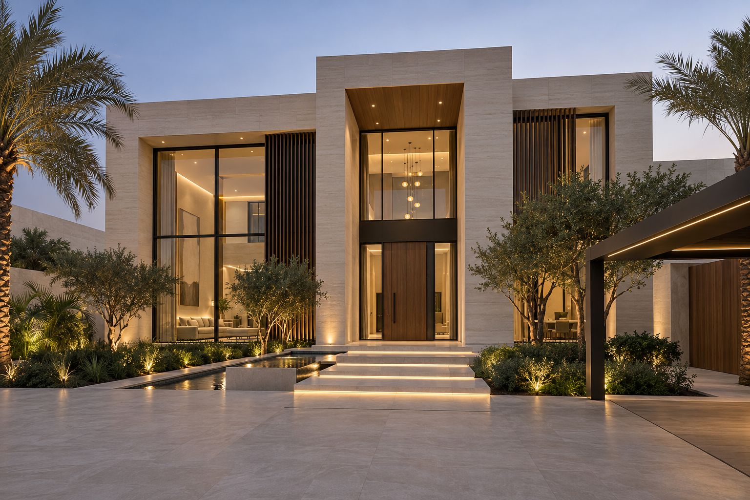 Contemporary villa exterior with stone-clad façade, full-height entrance glazing and evening lighting