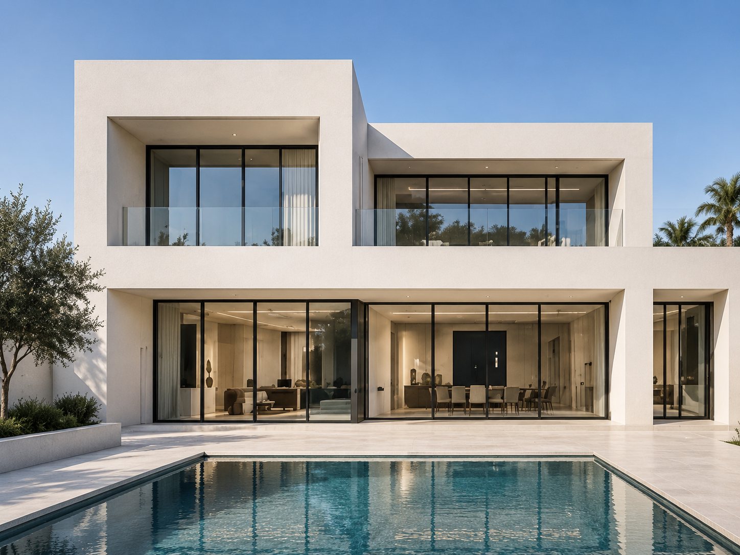 Off-white modern family villa with two stacked volumes, full-height sliding glazing, glass balustrades and a swimming pool in the foreground