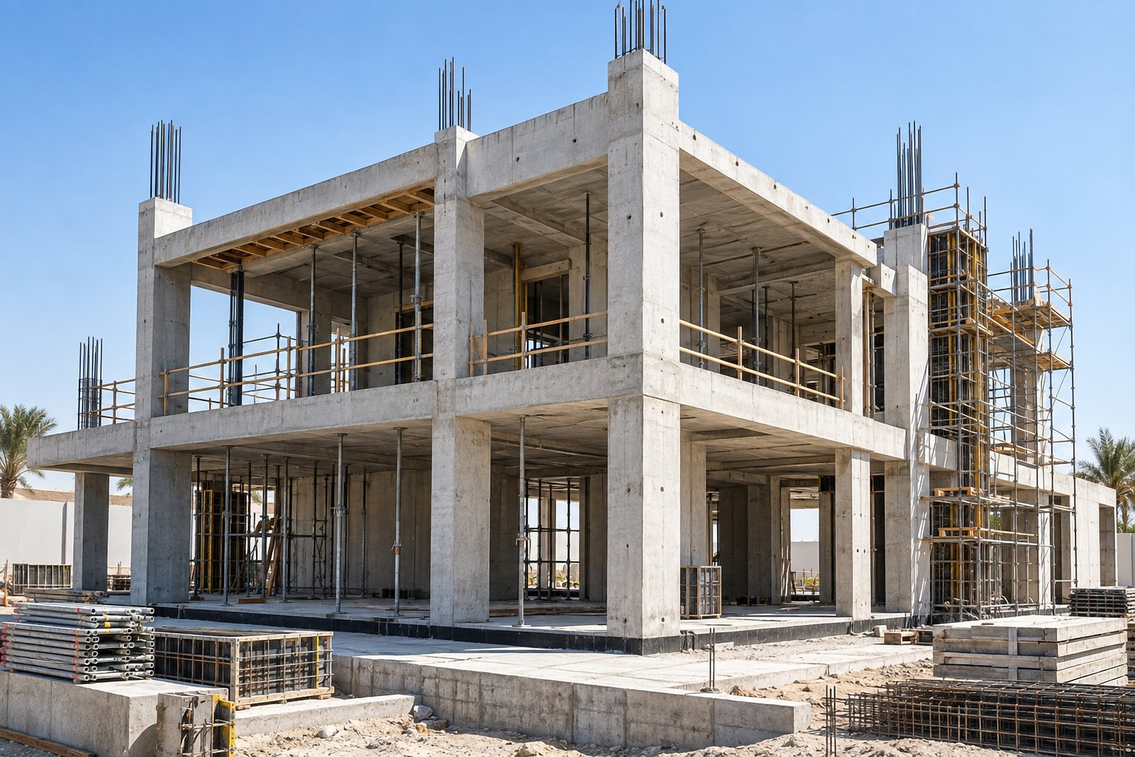 Two-storey reinforced concrete frame of a villa under construction with columns, beams, props, formwork and starter bars in place