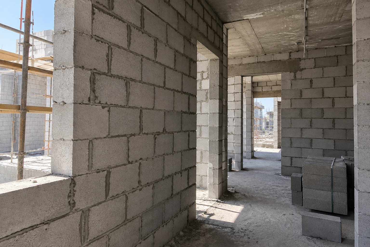 Concrete-block internal walls and door openings under construction within a villa’s reinforced concrete frame, with stacked blocks on site