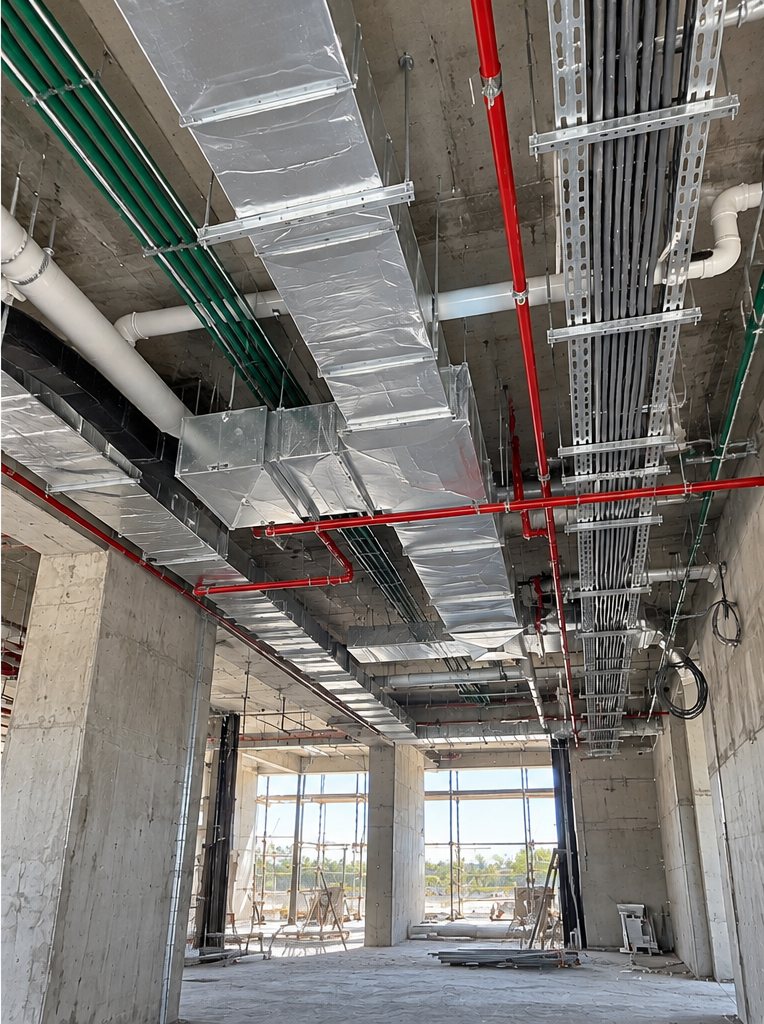 MEP first fix at ceiling level: ductwork, cable trays, fire-protection and plumbing pipework beneath the concrete slab