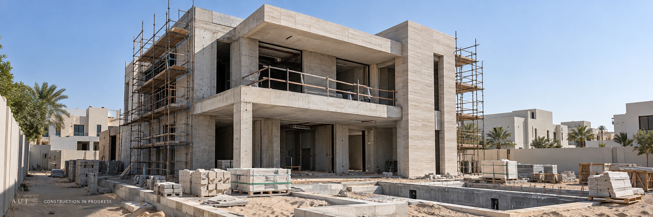 Two-storey villa under construction with exposed concrete structure, blockwork and site materials