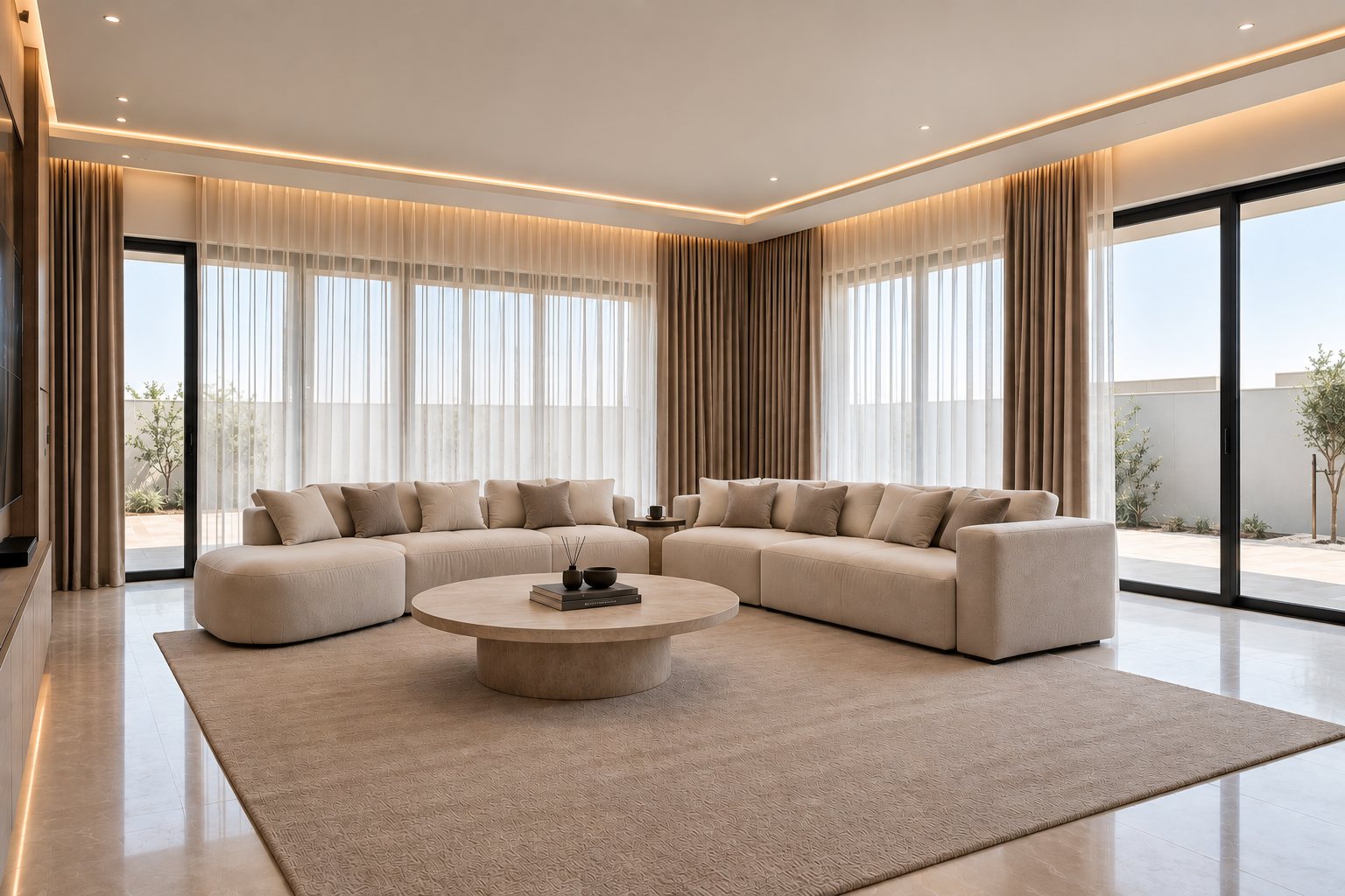 Living room with a sectional sofa, round stone coffee table, sheer curtains and sliding doors to a walled garden