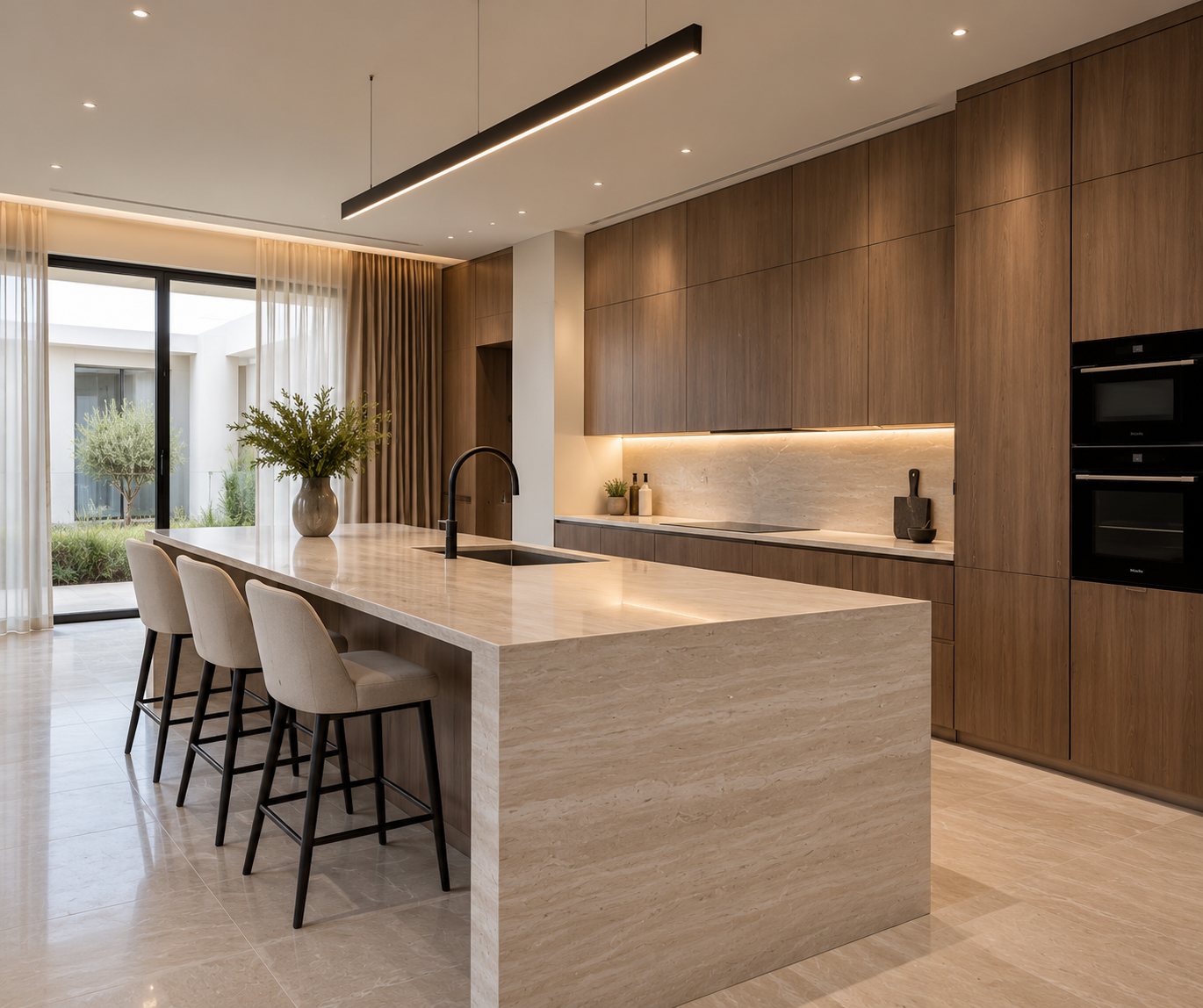 Kitchen with full-height timber joinery, integrated ovens, a stone splashback and a stone-clad island with bar seating