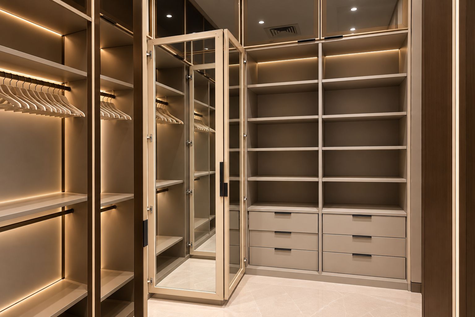 Walk-in wardrobe with tall hanging sections, open shelving, glass-fronted cabinets and drawers