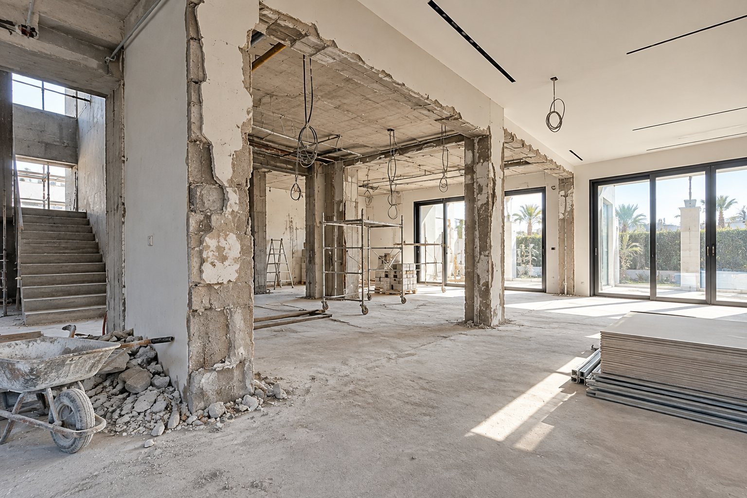 Villa interior mid-renovation: partition walls stripped back to blockwork, exposed ceiling services and mobile scaffolding, with new full-height glazing to the garden