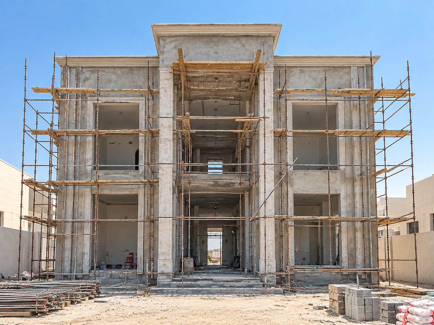 The same classical villa during construction, wrapped in scaffolding with the façade mouldings and openings formed