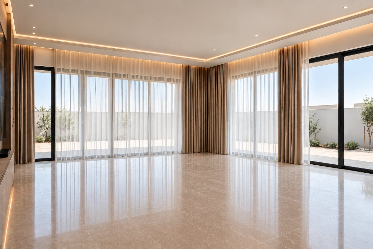 Finished, unfurnished living room at handover with polished stone flooring, cove lighting, curtains and sliding glass doors