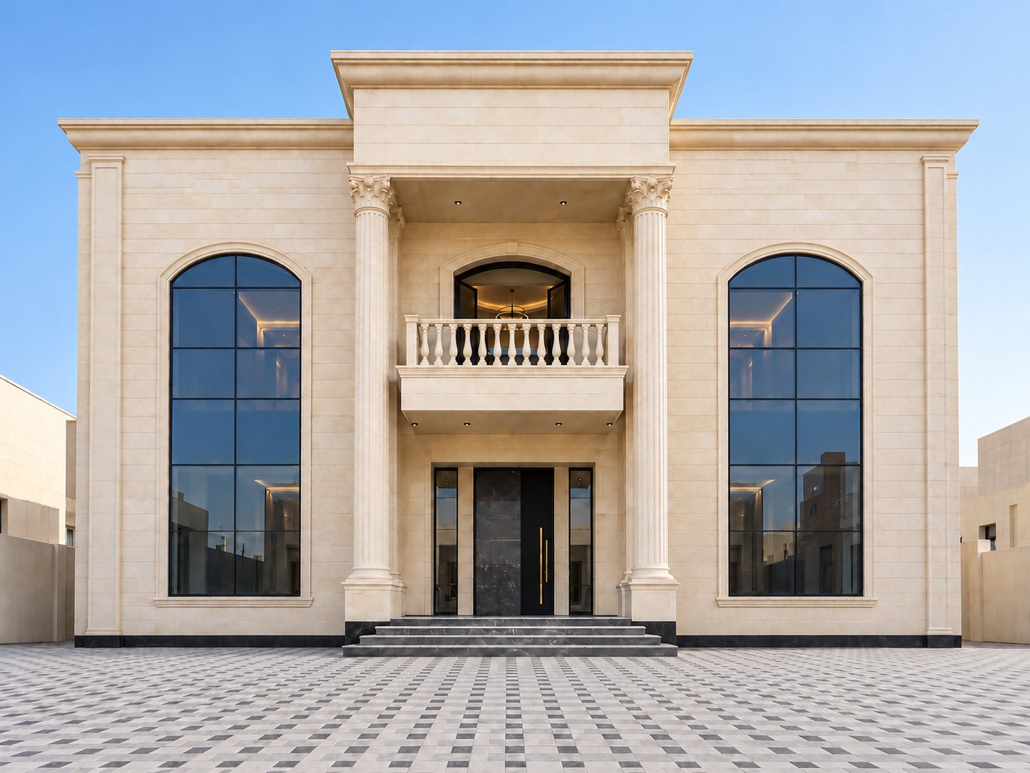 Completed classical villa with a stone façade, arched windows, columned entrance portico and balcony above the front door
